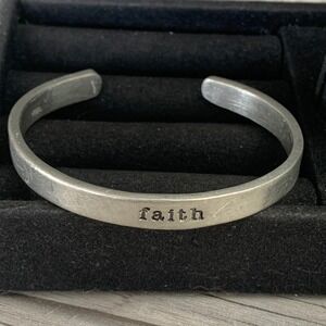 Silver Tone Faith Stamped Cuff Bracelet Inspirational Minimalist Jewelry